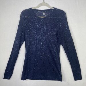 BKE Boutique Women's XL Navy Blue Lace Sequin Long Sleeve Top Western Whimsy